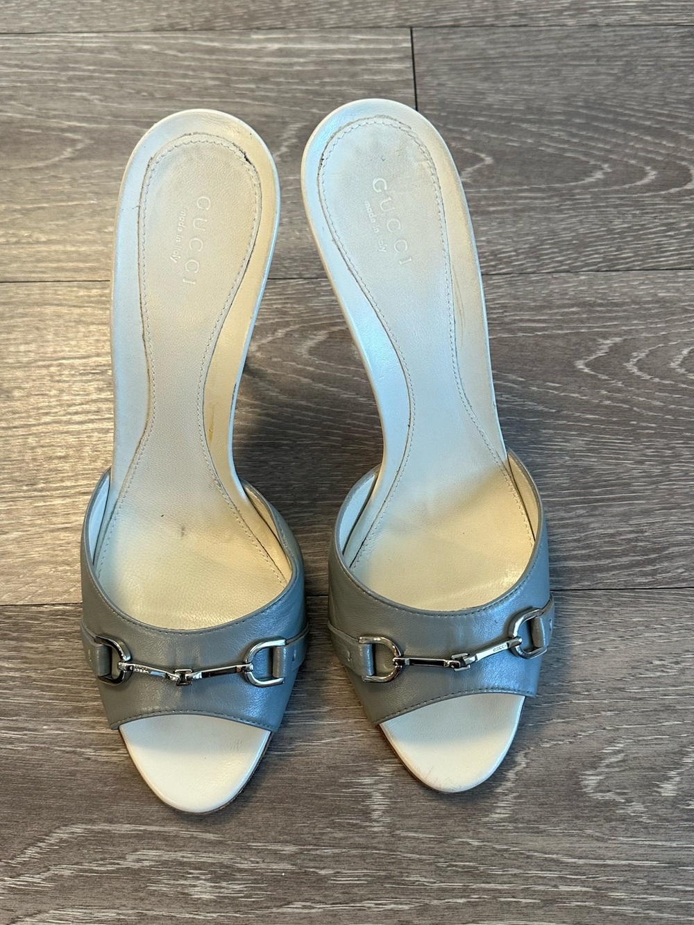 Gucci Silver Leather Open-Toe Horsebit Mules